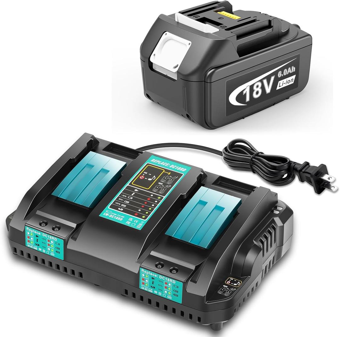6.0Ah Lithium-ion Replacement for Makita 18V Battery and Rapid Dual Charging Port Charger Compatible with Makita Battery 18V BL1815 BL1830 BL1840 BL1850 BL1860