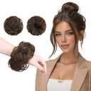 FESHFEN 2PCs Small Messy Bun Hair Piece for Thin Hair Women Girl Mini Synthetic Elastic Wavy Space-bun Scrunchies Updo Hairpieces, Chestnut Brown