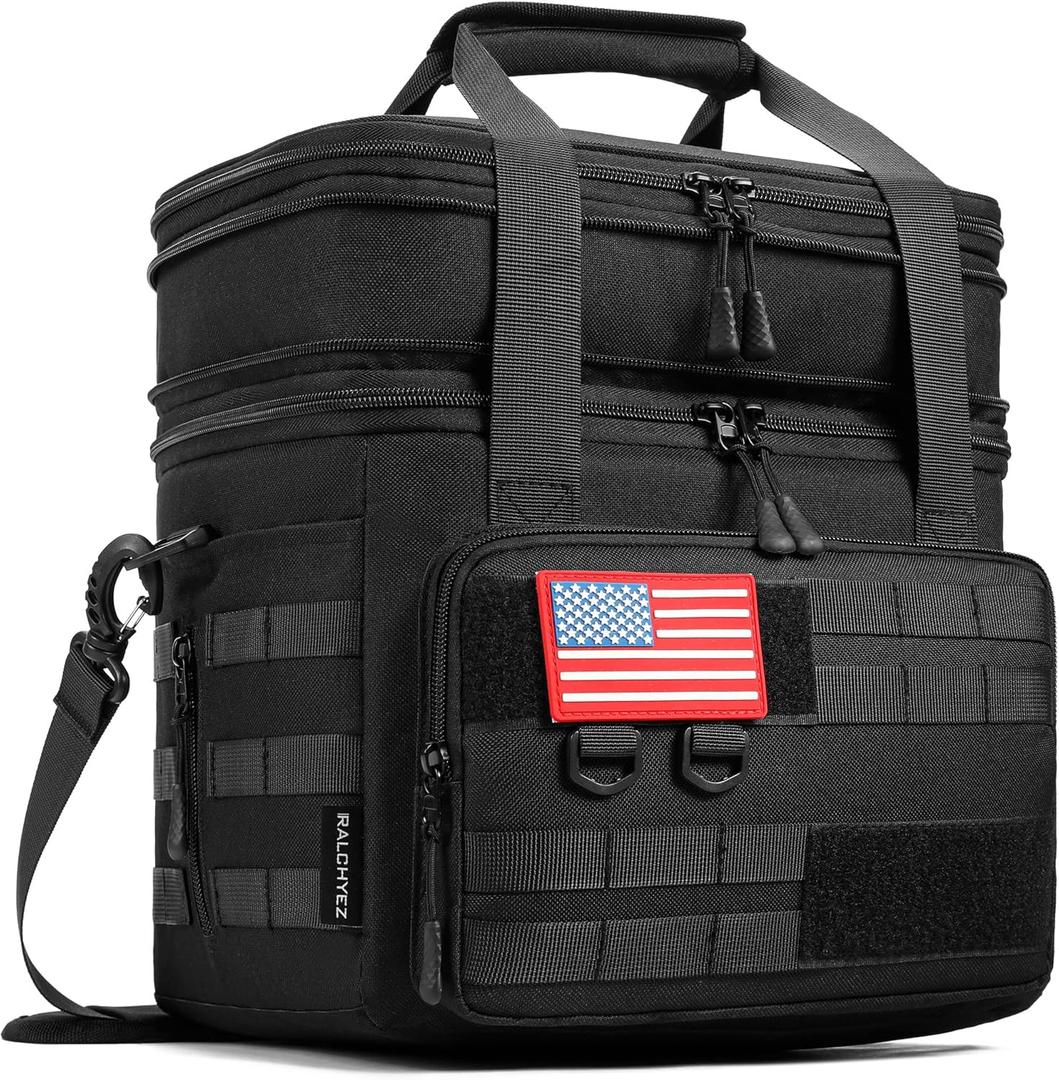 RalChyez Tactical Lunch Box, 20L Large Heavy Duty Double Deck Insulated Lunch Bag Leakproof Expandable Tote Cooler with Shoulder Strap for Adult Men Women Work Fishing Picnic Travel Black