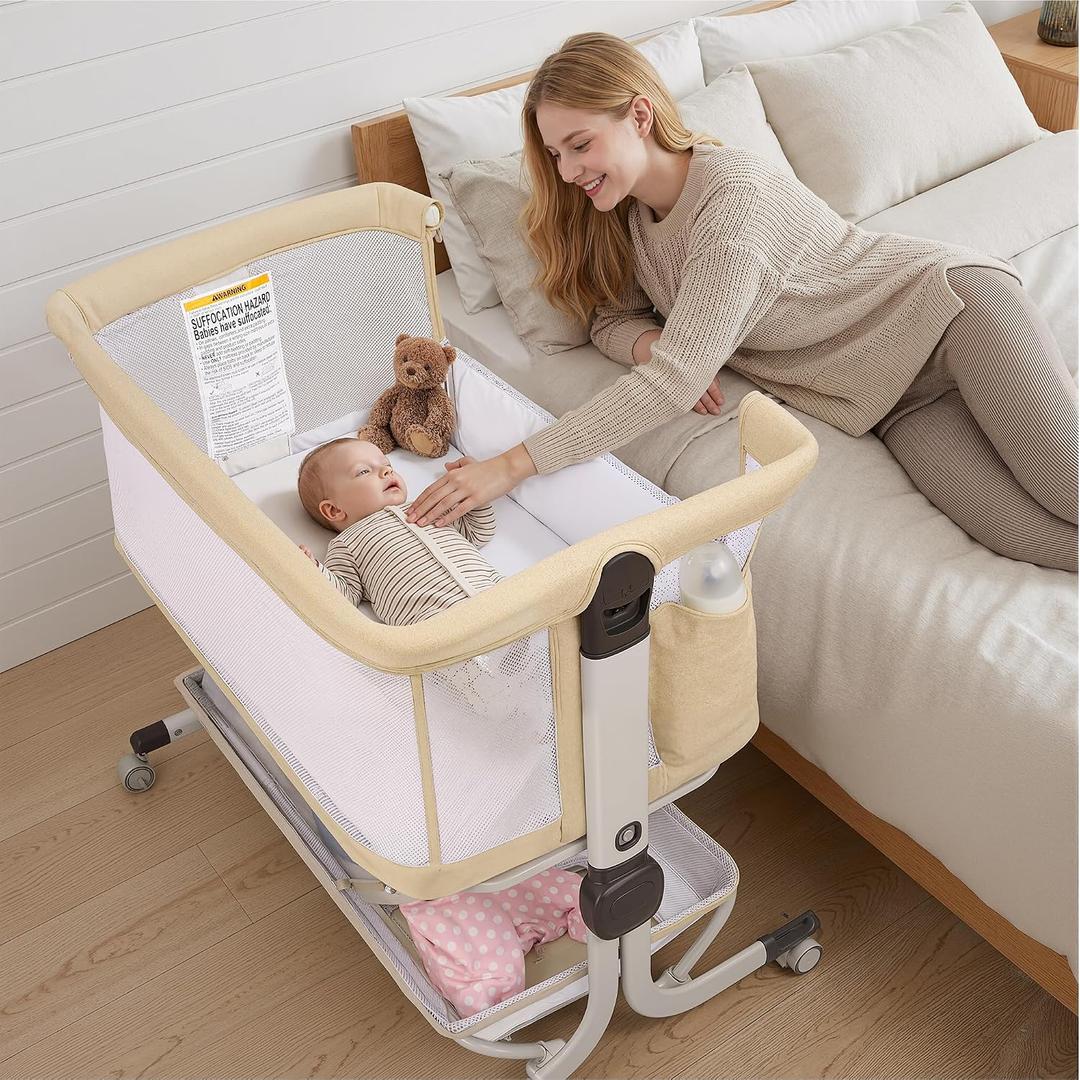 Baby Bassinet Bedside Sleeper, 3 in 1 Baby Bassinet for Newborns Co-Sleeper Bassinet with Wheels, Breathable Mesh, 6-Level Height Adjustment, Easy Folding Portable Bassinet for Home or Travel, Beige, Crib