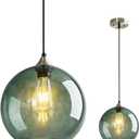 Gray Green Glass Pendant Lights Kitchen Island Lighting Globe Pendant Light Fixtures Modern Pendant Lighting for Kitchen Island Bedroom Living Dining Room Light Fixture(9.84in, 1-Pack)