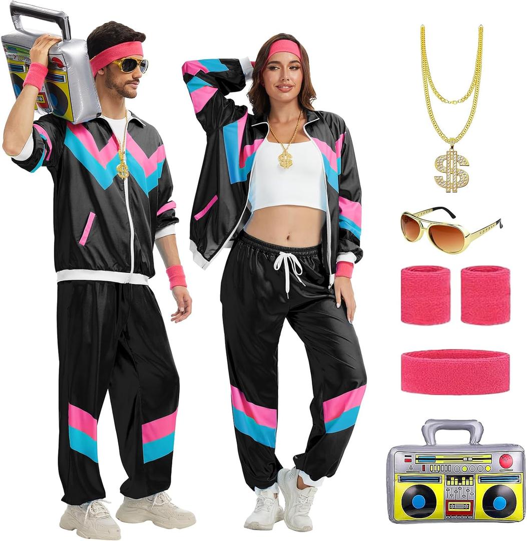80s Tracksuit for Men Women,80s 90s Outfits Fashion Retro Tracksuit for Halloween Carnival Party (X-Small, Black)