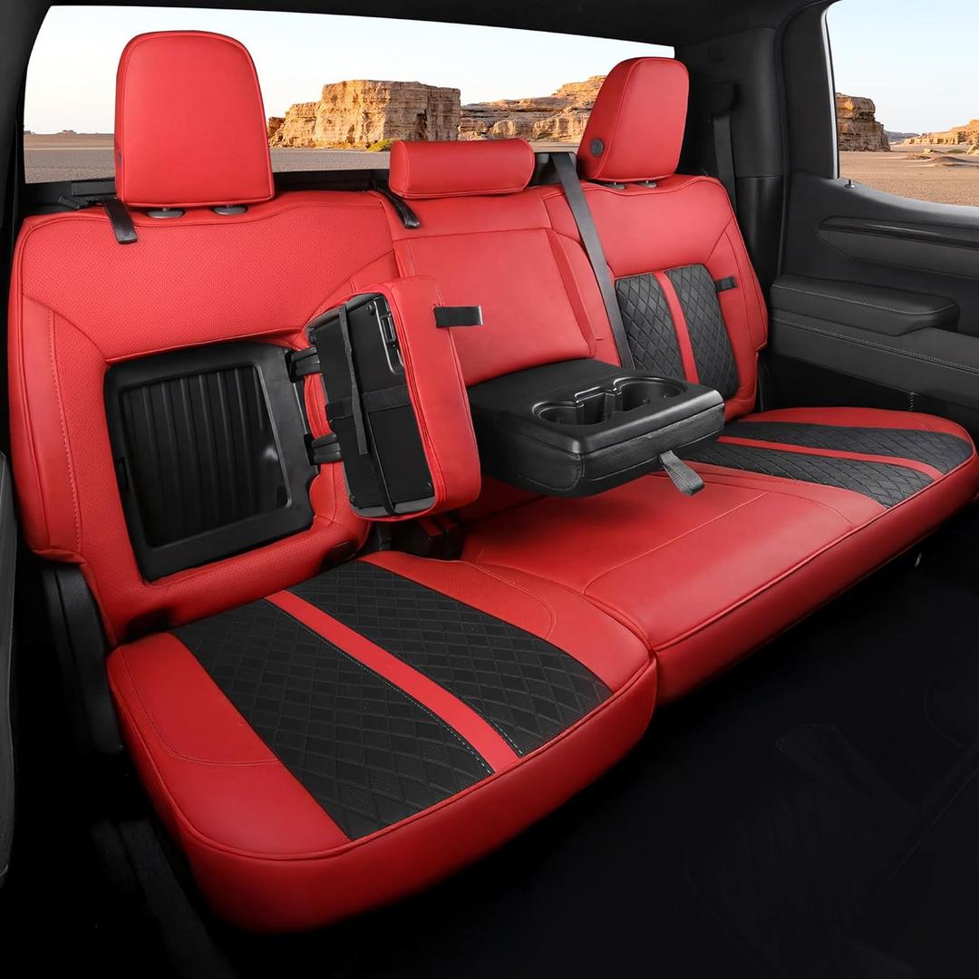 for Chevy Silverado & GMC Sierra Leather Seat Covers, Crew Cab 1500 2019-2026, 2500HD 3500HD 2020-2026, Custom Fit Truck Pickup Seat Cover Full Set, Black (with Rear Armrest/Seatback Storage) Color: Red-Black