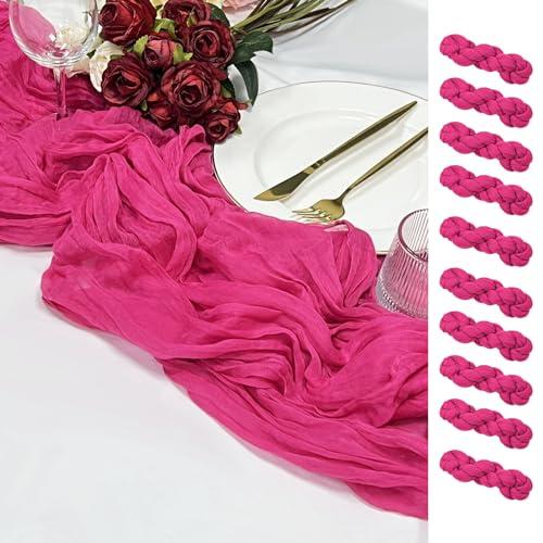10 Pack 120inch Hot Pink Cheesecloth Table Runners - 10Ft Long Cotton Gauze Table Runner Set for Weddings Bridal Parties and Baby Showers Decoration- Elegant Fuchsia Table Cloth