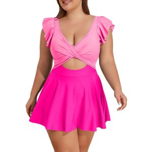 B2prity Women's Plus Size Swimsuit Tummy Control One Piece Swimdress Ruffle V Neck Cutout Wrap Bathing Suit with Skirt (X-Large, Pink Color Block)