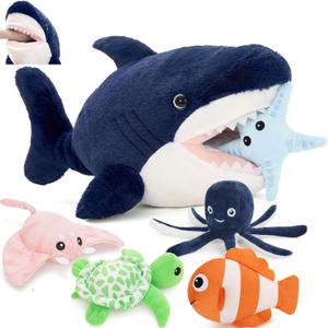 MaoGoLan 6Pcs Soft Shark Stuffed Animals with 5 Sea Animals Inside - Bulk Plush Toys Stuffed Shark Stingray Octopus Turtle Clown Fish Starfish, Kids Party Favors Valentine's Day Gifts Christmas
