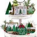 Guoofu 11 Pcs Merry Christmas Green Tiered Tray Decor, Farm Fresh Xmas Tree Balls Reindeer Snowflake Farmhouse Wood Decorations Set, Winter Holiday Rustic Wooden Decorative Signs for Home Table Shelf