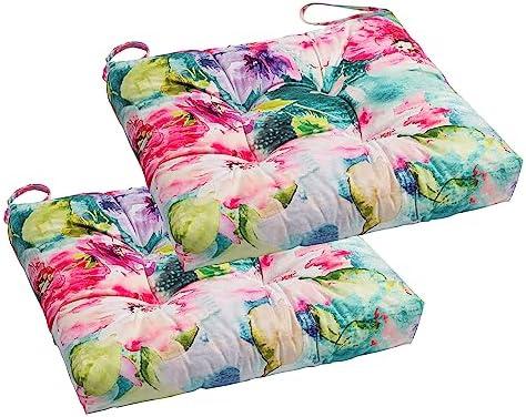 Makimoo 2-Pack Outdoor/Indoor Wicker Patio Seat Cushion Pad with Ties - Dining Chair Cushion, 17" x 17" (Watercolor Flowers)