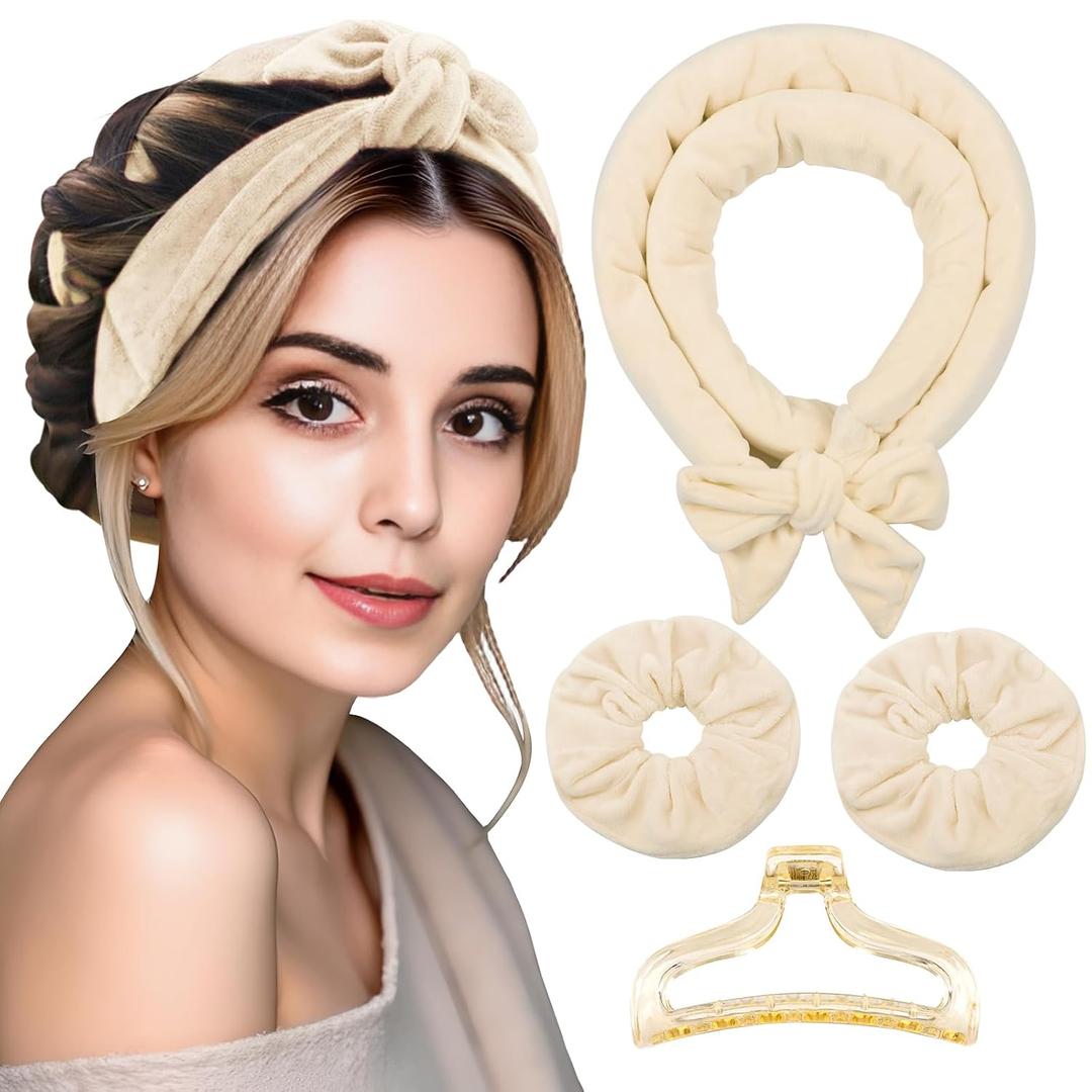 Heatless Curls Hair Curlers to Sleep in Velvet No-Heat Overnight Curling Rod Headband Set for Long Hair, with Scrunchies & Clip, Wake Up to Beach Waves (Beige, Pack of 1)