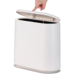 White Slim Bathroom Trash Can with Press Top Lid,12 Liter Small Thin Garbage Can,3.17 Gallon Narrow Dog Proof Plastic Waste Basket, and Covered Wastebasket for Room, Bedroom, Kitchen, Toilet, Office, Dorm