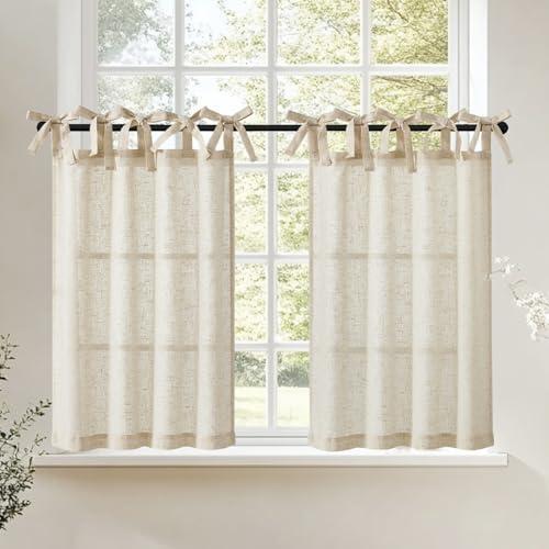 jinchan Tie Top Linen Kitchen Curtains Over Sink 26 Inch Length Tier Curtains Farmhouse Rustic Small Cafe Curtain for Bedroom Living Room Bathroom Half Window Light Filtering Privacy 2 Panels Crude