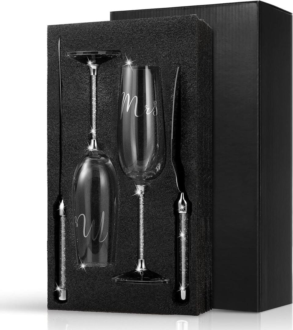 Boao 4 Piece Wedding Cake Knife and Champagne Flutes Server Set Mr and Mrs Toasting Flutes Crystal Rhinestone Cake Cutting Set for Bride and Groom Wedding Engagement Bridal Shower Gifts(Silver)