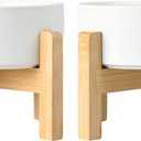 SPUNKYJUNKY Ceramic Elevated Dog Bowls 2 Pack - 8.3inch Raised Dog Bowls with Non-Slip Wooden Stand for Large Dogs Dishwasher Safe(White,60OZ*2)