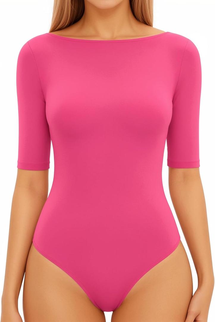 MANGOPOP Women's Half Sleeve Boat Neck Bodysuit 3/4 Sleeve Body Suit Fitted Going Out Tops 2026 Medium
