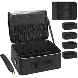 Relavel Extra Large Makeup Bag, Professional Makeup Train Case for Makeup Artists, Travel Cosmetic Organizer with 4 Small Portable Bags & Brush/Lipstick Plate, Adjustable Dividers and Shoulder Strap