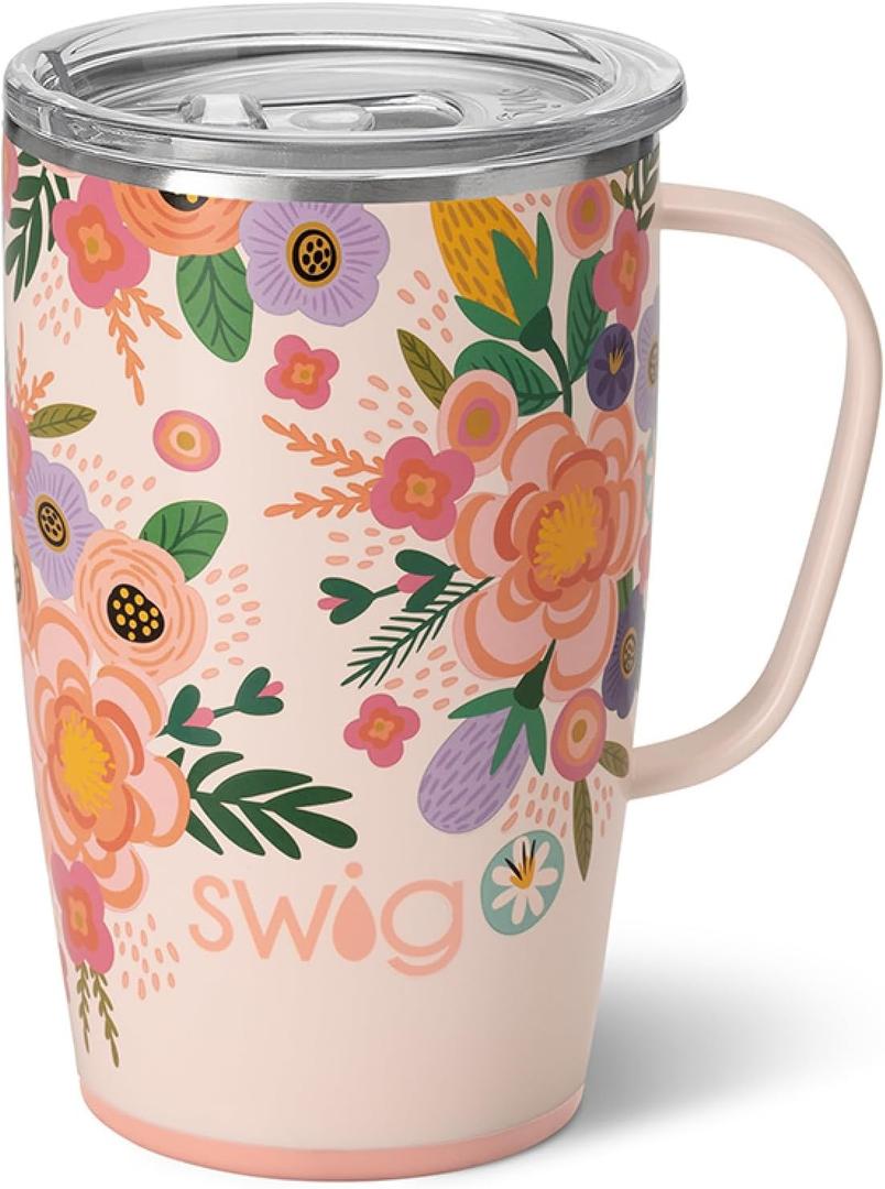 Swig Life 18oz Travel Mug, Insulated Tumbler with Handle and Lid, Cup Holder Friendly, Dishwasher Safe, Stainless Steel, Floral Mug, Flower Tumbler, Mothers Day Gifts for Mom (Full Bloom)
