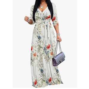 PinkPatty Women's Plus Size Maxi Dresses 3/4 Sleeves Bohemian Long Dress Printed Swing Dress with Belt, 3XL