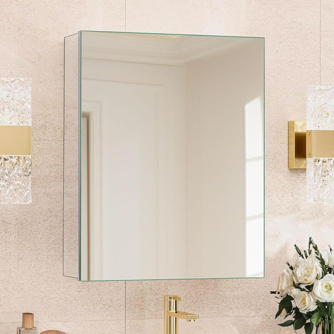 20 x 26 in Medicine Cabinet Mirror,Bathroom Mirror Cabinet with Adjustable Shelves,Aluminum Silver Medicine Cabinets for Bathroom,Recessed or Wall Mounted Medicine CabinetsAssembly Required