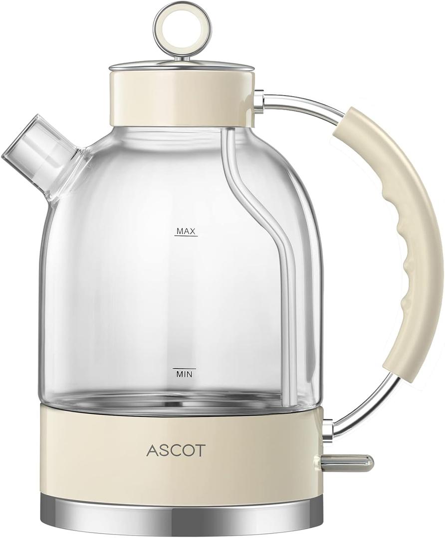 ASCOT Electric Kettle, Glass Electric Tea Kettle Gifts for Men/Women/Family 1.5L 1500W Borosilicate Glass Tea Heater, with Auto Shut-Off and Boil-Dry Protection (Beige)