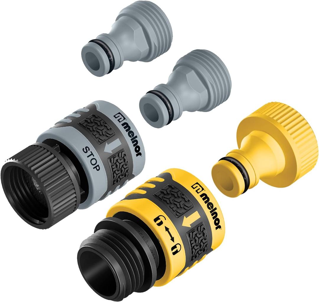 Melnor 65134AMZ 5 Piece Quick Connect Starter Set Connector Bundle, Product and Faucet Adapter, Product End and Faucet End Connector, Black, Yellow, Grey