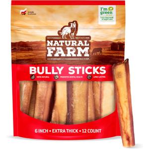 Natural Farm Odor Free Jumbo Bully Sticks (6 Inch, 12 Pack), Extra-Thick Dog Treats – Fully Digestible 100% Beef Treats, Natural Dental Chews – Keep Your Dog Busy with 50% Longer Lasting Chews