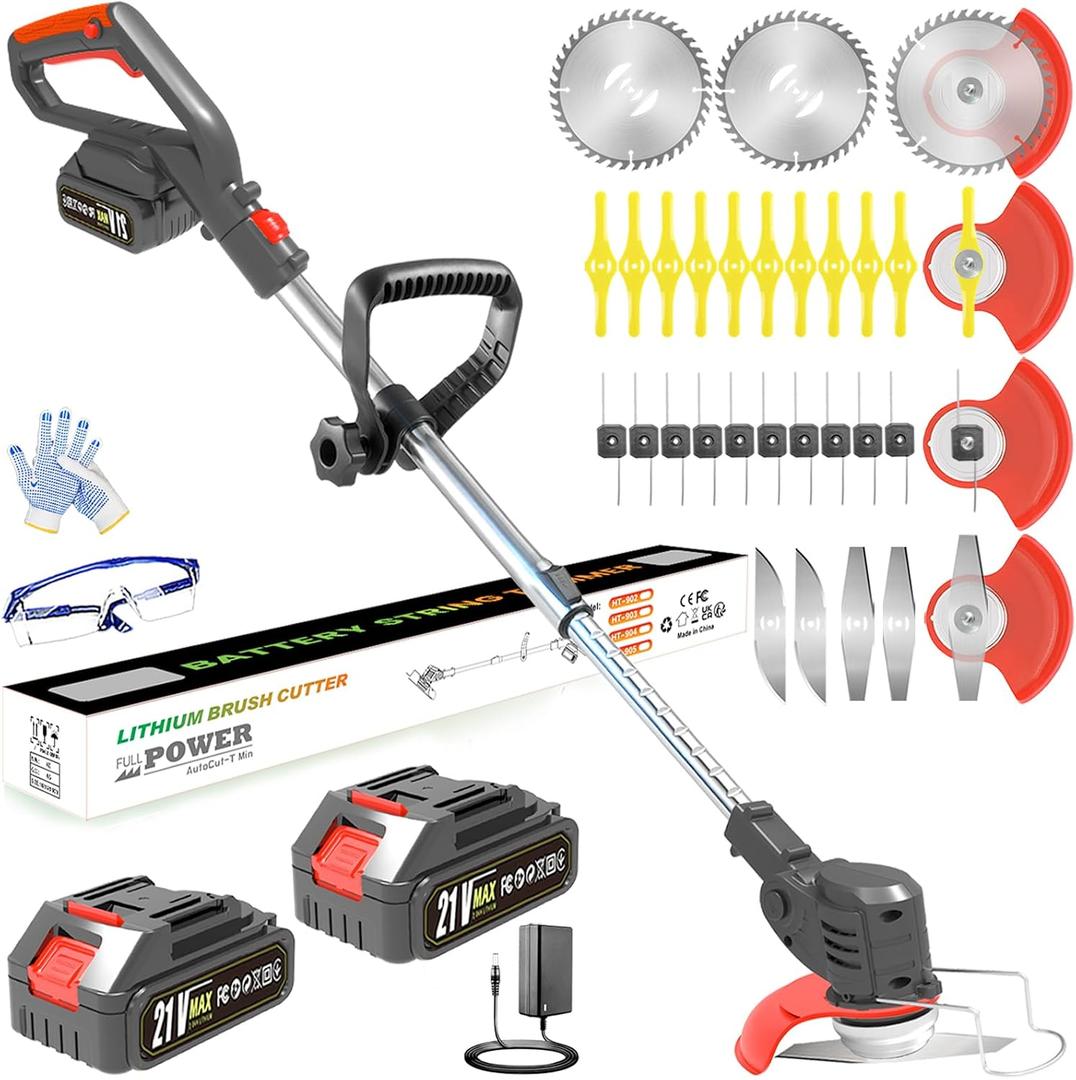 Weed Wacker Cordless, 21V Electric Weed Eater Battery Powered with 2X 2.0Ah Batteries and Charger, 5 Types 26Pcs Blade, 3-in-1 Stringless Grass Trimmer Lawn Edger Brush Cutter for Garden Yard