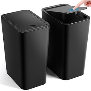 ITCPRL Bathroom Trash Can with Lid, 2 Pack 4 Gallons/ 15 Liters Garbage Can with Pop-Up Lid, Small Plastic Trash Can, Slim Trash Bin Waste Basket for Bathroom, Bedroom, Office, Living Room(Black)