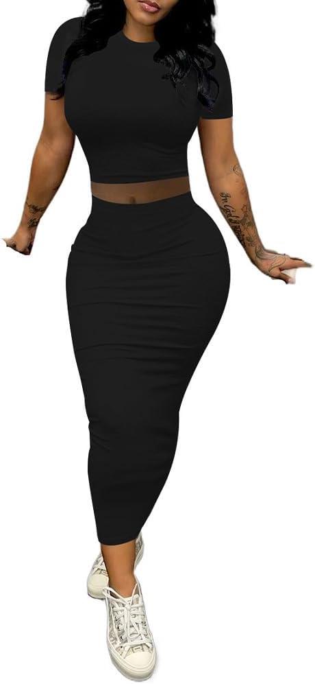 PINSV 2 Piece Outfits For Women Sexy Dress Short Sleeve Crewneck Crop Top Maxi Bodycon Dress Long Skirt Set Casual Dresses (Large, Black)