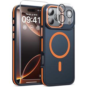 Magnetic 3 in 1 for iPhone 17 Pro Case, [OmniDirectional Protection] with 1x Screen Protector + 1x Camera Cover, [Seamless Work with Magsafe] Shockproof Slim Thin Case for iPhone 17 Pro Cosmic Orange