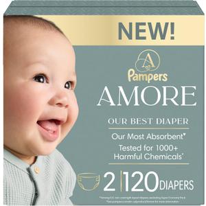 Pampers Amore, Size 2 (10-22 lbs), 120 Count, Our Best Diaper Hypoallergenic & Fragrance Free, Up to 100% Leakproof, Soft as Cashmere