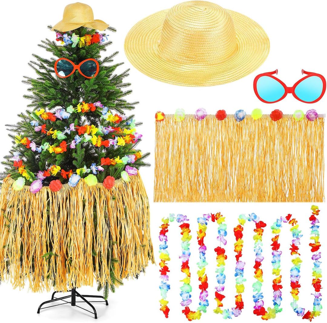 4 Pcs Hawaiian Christmas Tree Decoration Tropical Christmas Tassel Grass Skirt Oversized Sunglass Beach Hat Floral Garland Tropical Party Decor for Hawaiian Beach Party Supplies