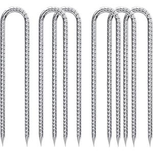 Rebar-Stakes-12-Inch-Galvanized, U Hook Trampoline Stakes 6 Pack Ground Anchors Tent Stakes Heavy Duty for Plants Anti-Rust Landscape Fabric Stakes Artificial Turf