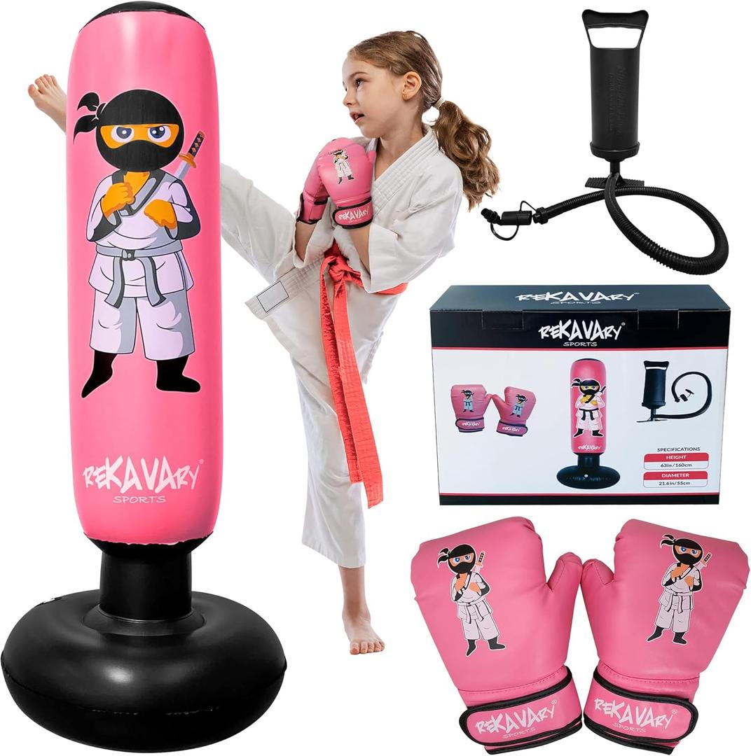 Punching Bag for Kids - 5' 3" Tall and Stable - Ninja Kids Inflatable Punching Bag Combo Kit with Kids Boxing Gloves, a Pump and Repair Kit. Boxing Bag for Immediate Bounce Back (Ninja Pink)
