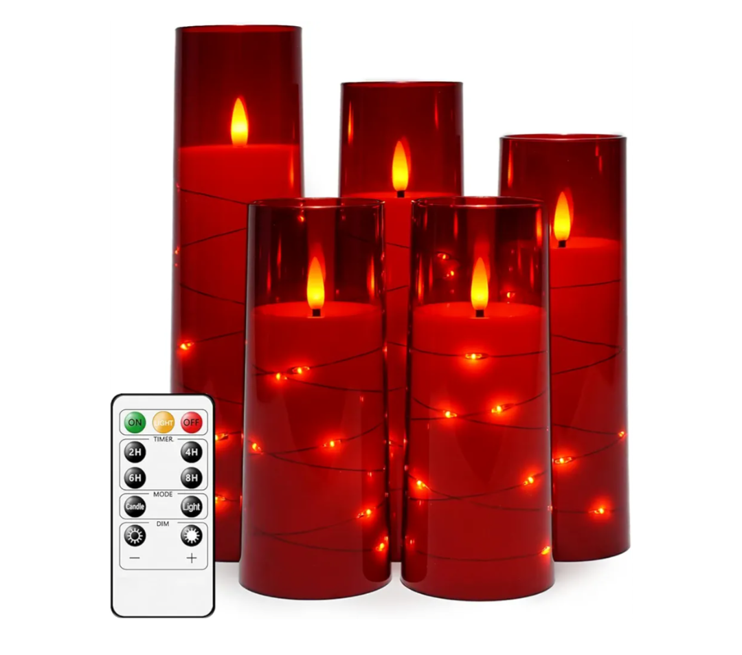 Flameless LED Candles with Timer 5 Pc Flickering Flameless Candles for Romantic Ambiance and Home Decoration Stable Acrylic Shell,with Embedded Star String，Battery Operated Candles（Red）
