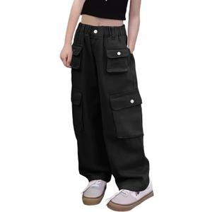 Girl's Elastic High Waist Cargo Pants Wide Leg Trousers with Flap Pocket, 3-14 Years (9-10 Years, Black)