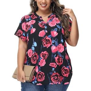 MCEDAR Women's Plus Size Chiffon Blouse Short Sleeve Split V Neck Floral Casual Summer Dressy Work Tops, XL MCEDAR Women's Plus Size Chiffon Blouse Short Sleeve Split V Neck Floral Casual Summer Dressy Work Tops, XL