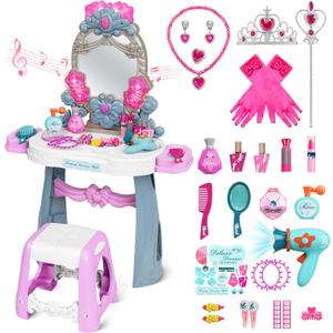 VViN Kids Vanity Set for Girls with Light & Music, Princess Vanity Table with Stool, Pretend Makeup Dresser with Crown, Scepter, Gloves & Jewelry Accessories, Toys for 3 4 5 Year Old