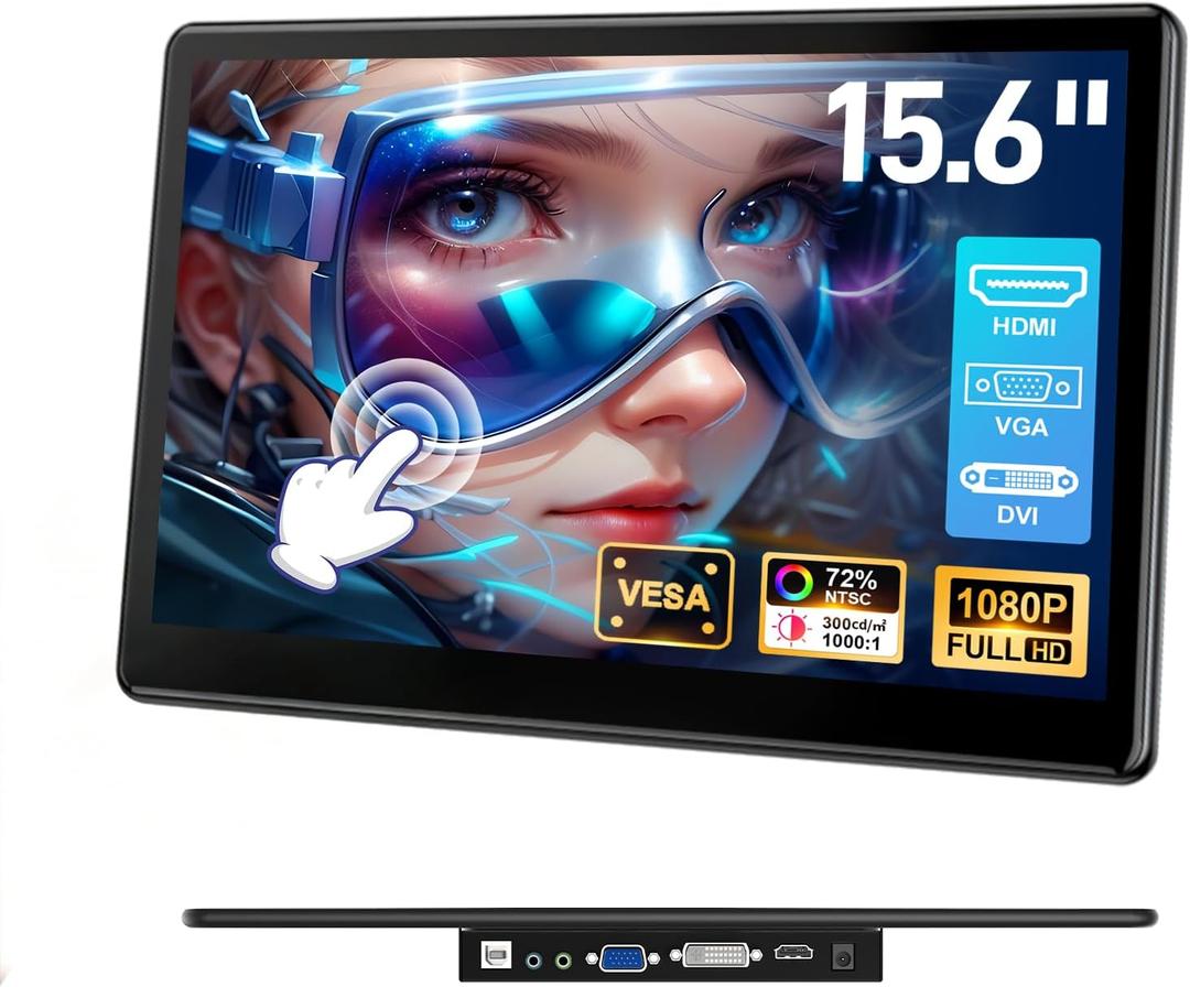 15.6 inch Portable Touchscreen Monitor with HDMI VGA DVI Ports, Screen Extender FHD 19201080 IPS Small Touch Screen Display Compatible with Laptops PC PS5/4, Industrial (with Remote)