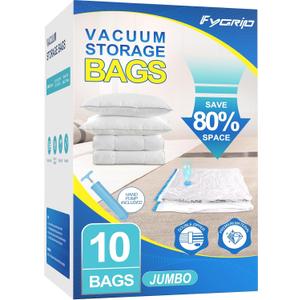 10 Pack Jumbo Vacuum Storage Bags with Hand Pump, Plastic Packaging Bags, 80% Space Saver Vacuum Seal Bags for Clothing, Travel Lugggage, Blankets, Comforters