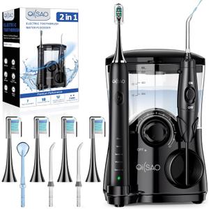 Professional Electric Toothbrush with Water Flosser, 600ML Water Dental flosser Ultrasonic Toothbrush Combo, Brushing & Flossing- for Teeth Cleaning and Gum Health with Extra Tips for Multiple Users (Black)
