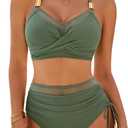 Blooming Jelly Women High Waisted Bikini Sets Tummy Control Swimsuits Modest Twist Drawstring Swimwear (XL, Army Green)