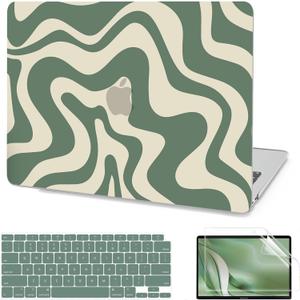 AKIT Compatible with MacBook Air 13 Inch Case M1 2022 2021 2020 2019 2018 A2337 A2179 A1932, Unique Pattern Hard Shell Laptop Case+Screen Protector+Keyboard Cover for MacBook Air 13.3 Inch, Green Wave