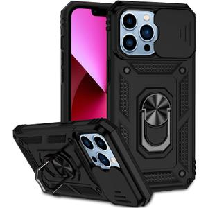 Phone Case for iPhone 13 Pro with Camera Lens Cover HD Screen Protector,Military Grade Ring Car Mount Kickstand Hybrid Hard PC Soft TPU Shockproof Protective Black