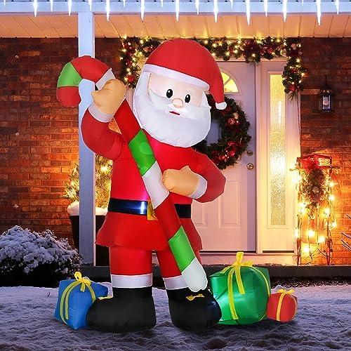 HOMCOM 6ft Christmas Inflatables Outdoor Decorationss Decorations Santa Claus with Candy Cane, Blow-Up LED Yard Christmas Decor