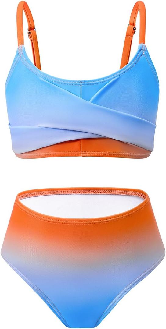 Century Star Girls Swimsuits for Teens Bikini 2025 Solid Teen Bathing Suits Adjustable Straps Swimwear Padded 8-15 Years (10-11 Years, Orange Blue Gradient)