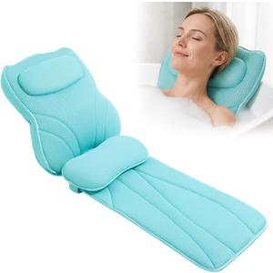 Extra Long Thick Full Body Bath Pillow for Tub with Lumbar Pillow- Luxury 4D Air Mesh Bathtub Pillow with Head, Shoulder & Back Support, Non-Slip Bath Cushion with Suction Cups-Lake Blue