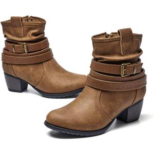 VJH confort Women's Mid Calf Boots,Round Toe Comfort Low Heel Slouchy Dress Booties with Buckle Strap Side Zipper (9, Camel)