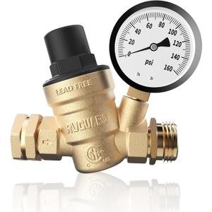 RVGUARD RV Water Pressure Regulator Valve, CSA Approved, Lead-Free Brass Adjustable Water Pressure Reducer with Gauge and Inlet Screen Filter for RV Camper Travel Trailer