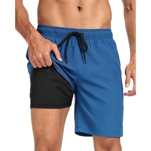 Fasker Mens Swim Trunks with Compression Liner 7" Inseam Quick Dry Bathing Suit Beach Shorts Swimming Trunks with Pockets, Lake Blue, Large