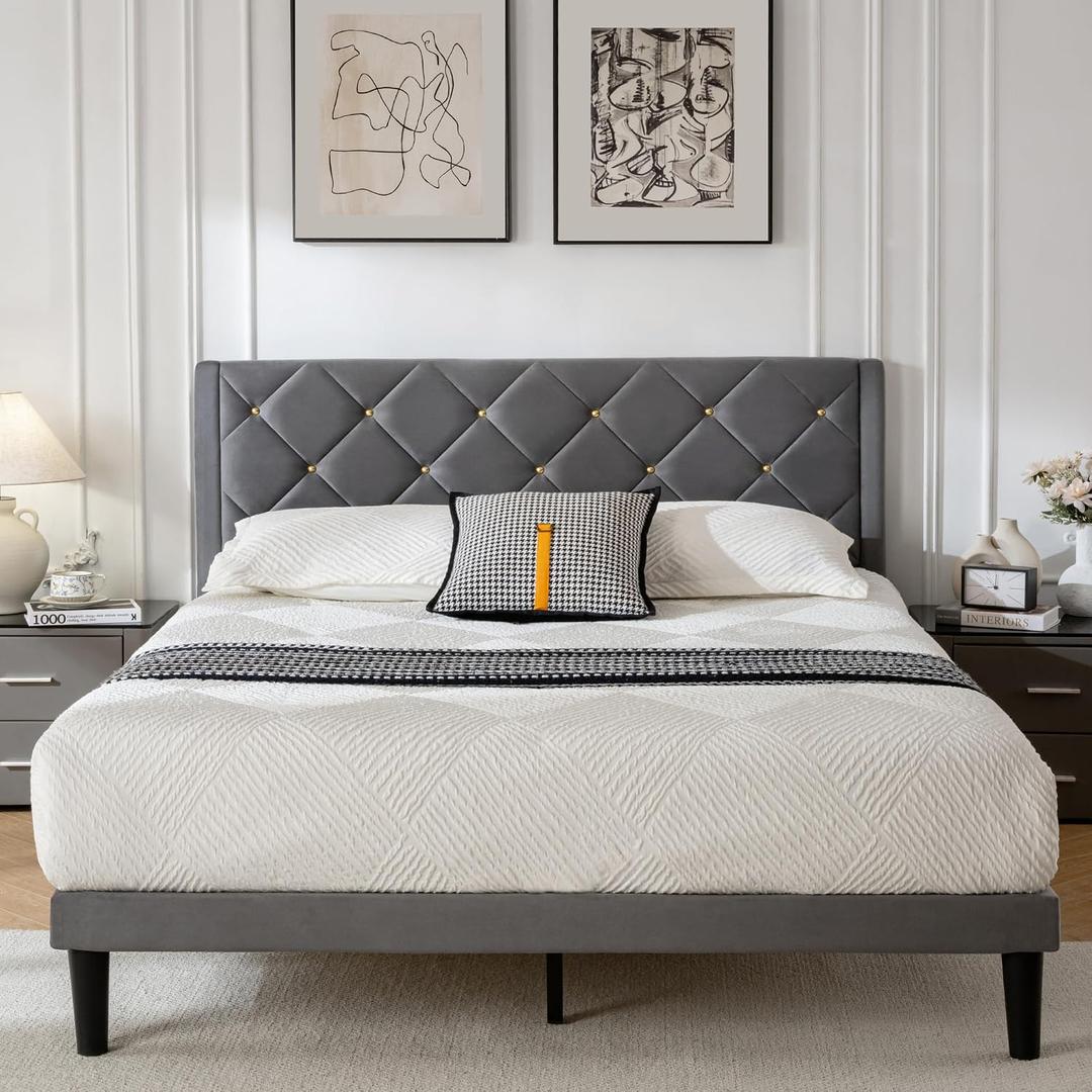 Full Bed Frame with Headboard, Bed Frame Full Size with Sturdy Wooden Slats Support, Platform Frame with Velvet Upholstered Headboard, Mattress Foundation, Easy Assembly, No Box Spring Needed, Grey